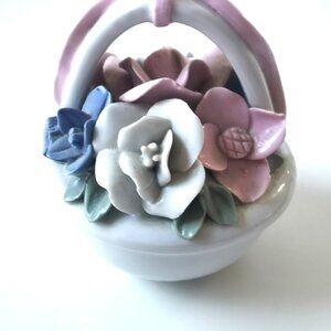 Small Vintage Porcelain Flower Basket Pink Blue White Flowers